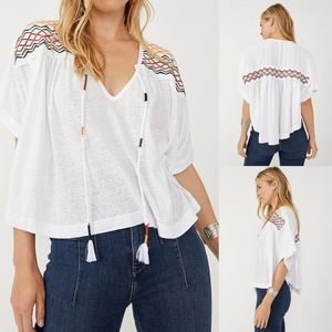 NWT Free people market embroidered v neck bohemian tee top blouse bright white